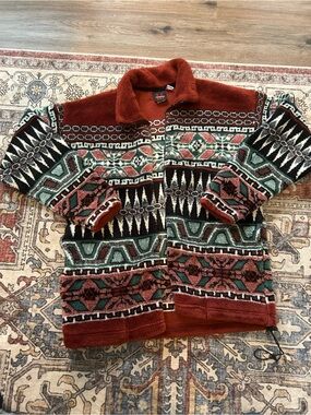 Vintage 1990’s Men's Patterned Sherpa Zip Cardigan - Rust Green Black